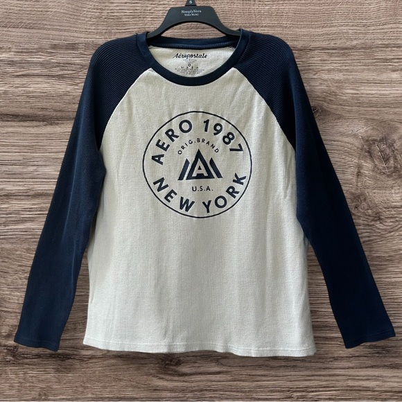 Aeropostale Navy Blue and Beige Waffle Knit Long Sleeve Logo Thermal Top Size XL - Picture 2 of 8